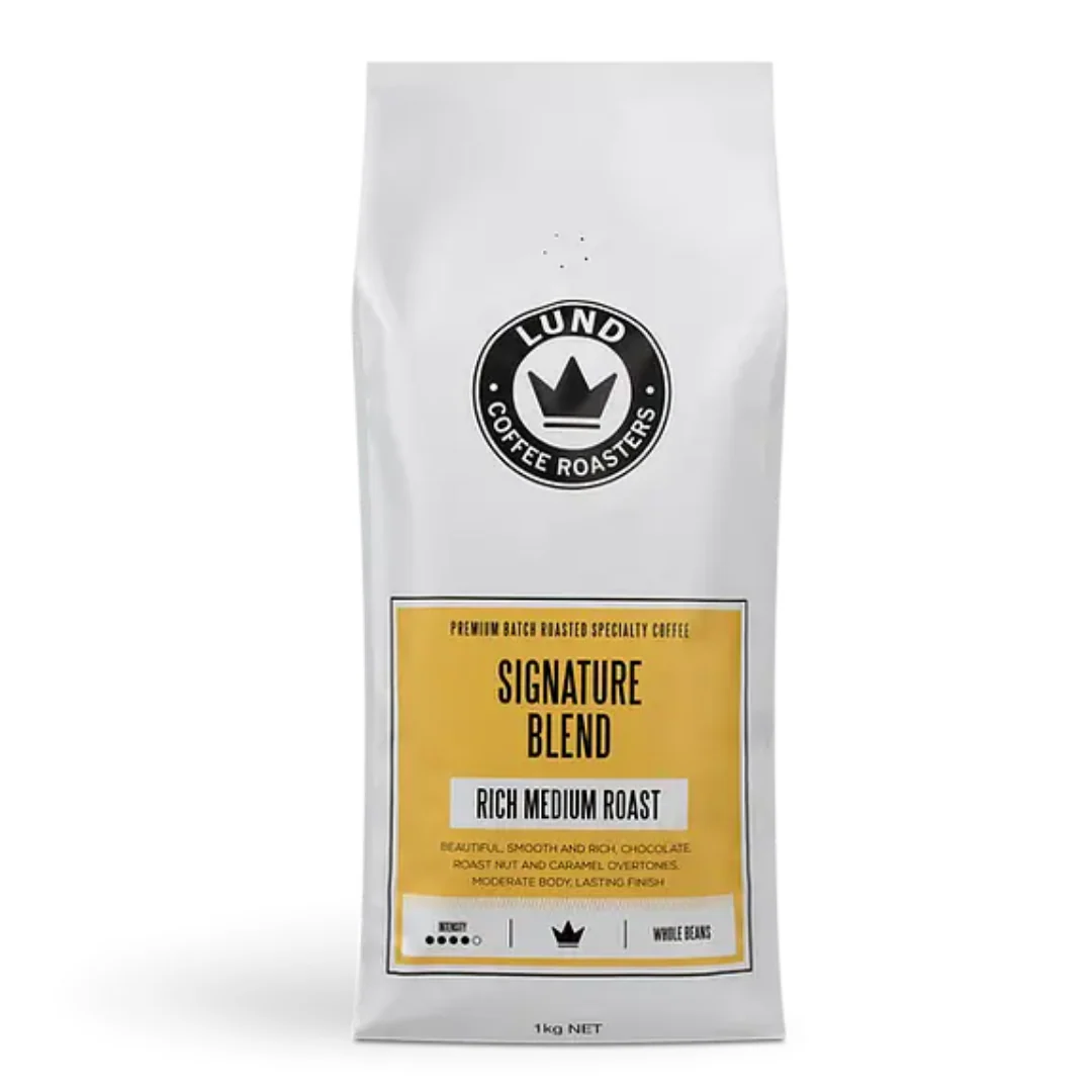 White coffee bag, Lund Coffee Roasters, Signature Blend, rich medium roast, whole beans.