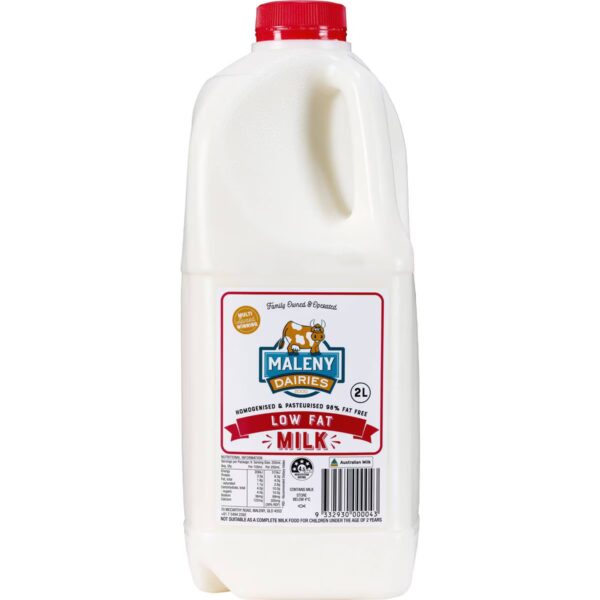 MALENY DAIRIES LOW FAT MILK 2-liter plastic bottle of low-fat milk with logo, branding, nutritional info, red cap.