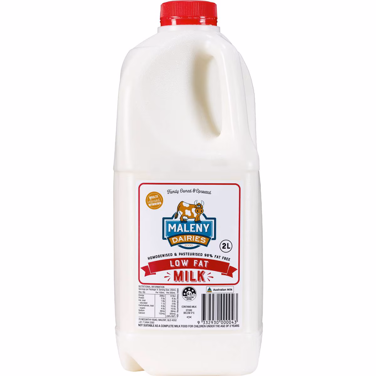 2-liter plastic bottle of low-fat milk with logo, branding, nutritional info, red cap.