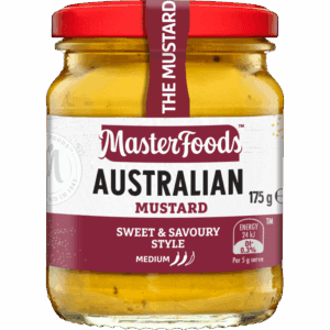 Jar of MasterFoods Australian mustard, sweet, savory, medium heat, 175g, red lid visible.