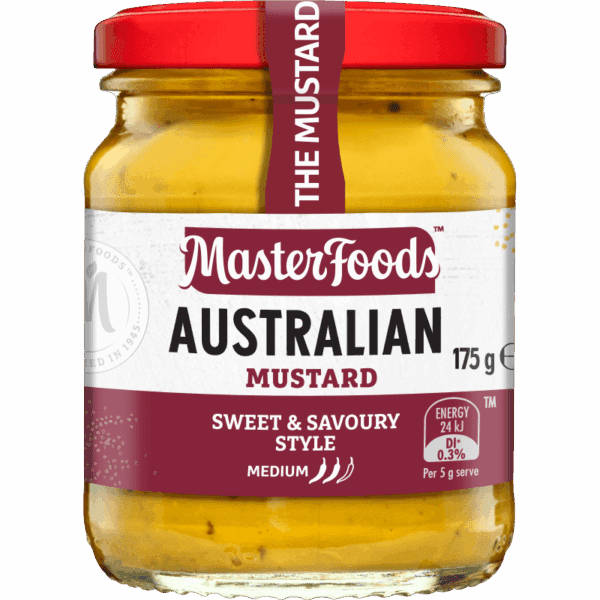 Jar of MasterFoods Australian mustard, sweet, savory, medium heat, 175g, red lid visible.
