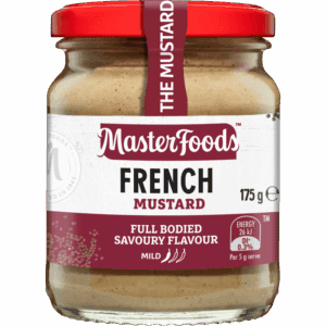 Jar of MasterFoods French mustard, red lid, full-bodied savory flavor, mild heat, 175g.