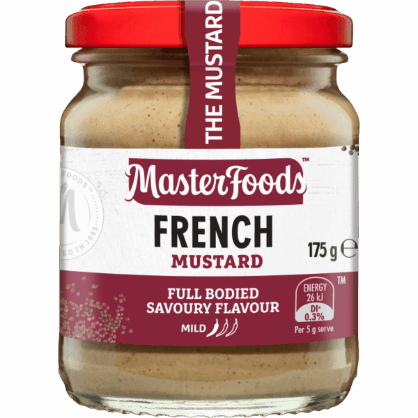 Jar of MasterFoods French mustard, red lid, full-bodied savory flavor, mild heat, 175g.
