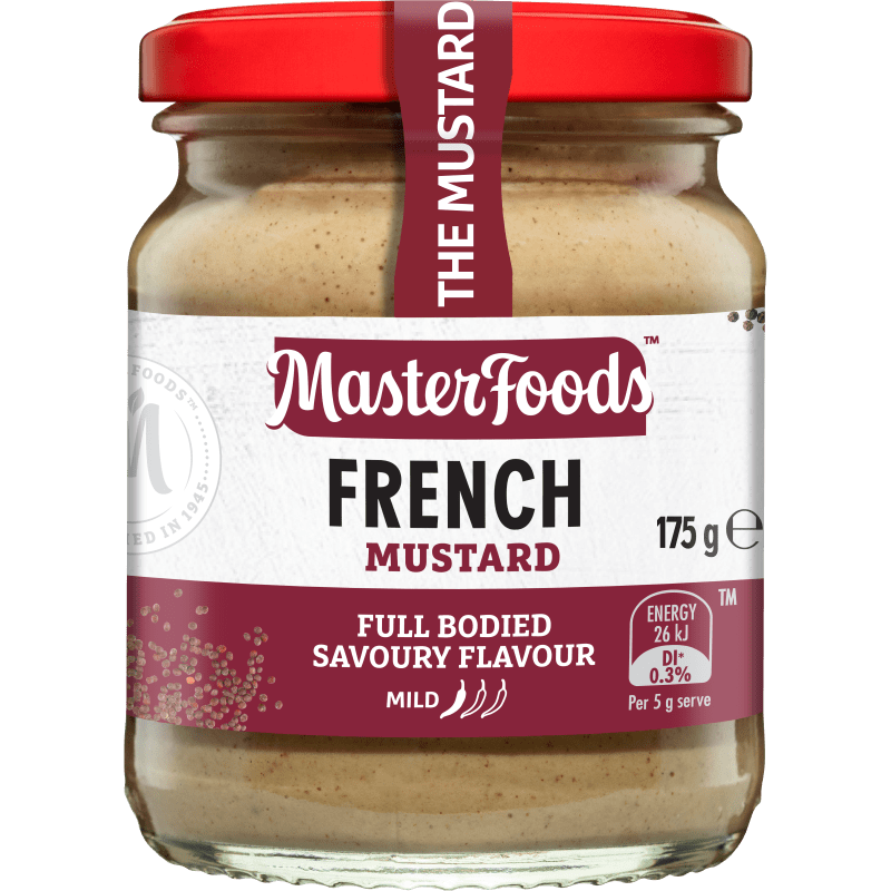 Jar of MasterFoods French mustard, red lid, full-bodied savory flavor, mild heat, 175g.