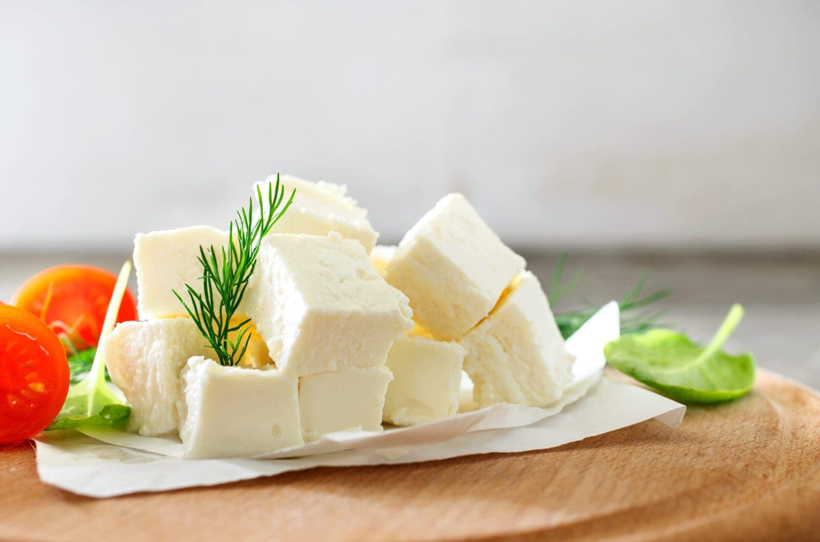 Slices,Feta,Cheese,With,Dill,,Cherry,Tomatoes,And,Spinach,Leaves