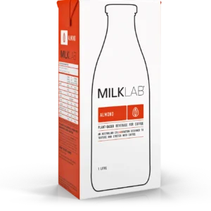 One-liter Milklab Almond Milk carton for coffee, featuring a minimalist design.
