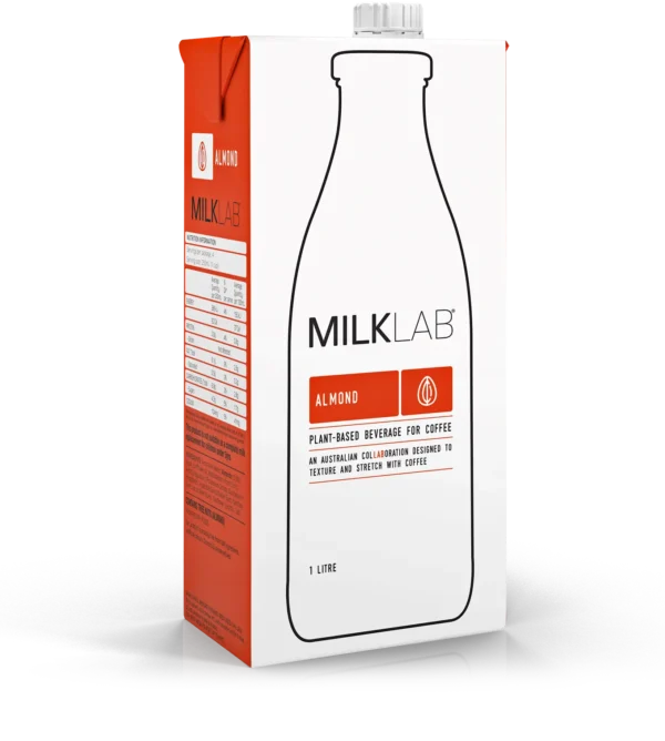 One-liter Milklab Almond Milk carton for coffee, featuring a minimalist design.