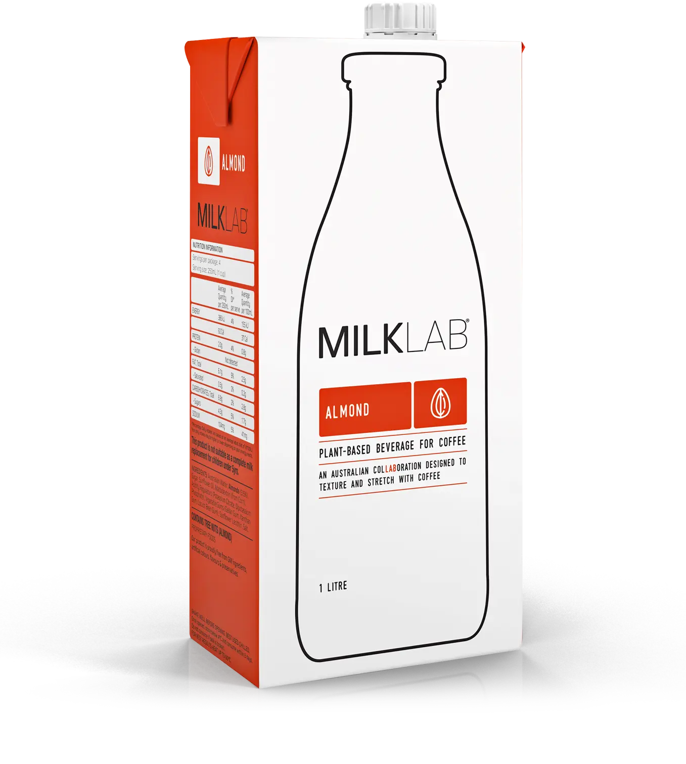 One-liter Milklab Almond Milk carton for coffee, featuring a minimalist design.