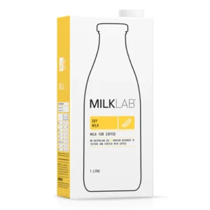 Milklab soy milk carton for coffee, 1-liter, white with yellow accent and product details.