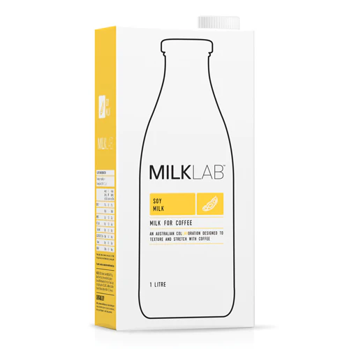 Milklab soy milk carton for coffee, 1-liter, white with yellow accent and product details.