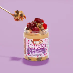 Jar of Monkey Nuts Angels Kiss white chocolate peanut butter with chocolate chips, jelly, and raspberries.
