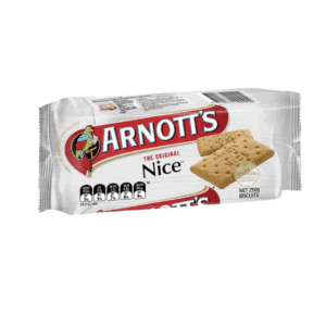 Arnott's Nice biscuits package, 250g, white with red banner, two biscuits pictured.