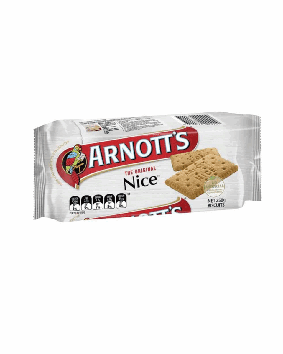 Arnott's Nice biscuits package, 250g, white with red banner, two biscuits pictured.