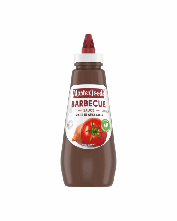 MASTERFOODS BBQ SAUCE Bottle of MasterFoods Barbecue Sauce, 500ml, with onion and tomatoes on label. Made in Australia.
