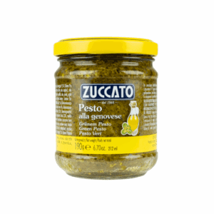 Zuccato Pesto alla Genovese jar, green pesto, yellow lid, 190g net weight.