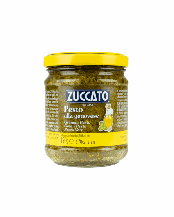 Zuccato Pesto alla Genovese jar, green pesto, yellow lid, 190g net weight.