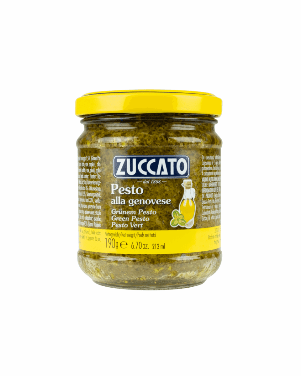 Zuccato Pesto alla Genovese jar, green pesto, yellow lid, 190g net weight.