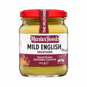 Jar of MasterFoods Mild English Mustard, 175g, with red lid and traditional flavor label.