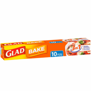Glad Bake & Cooking Paper box, non-stick, 10m x 30cm, red/green, sandwich image.