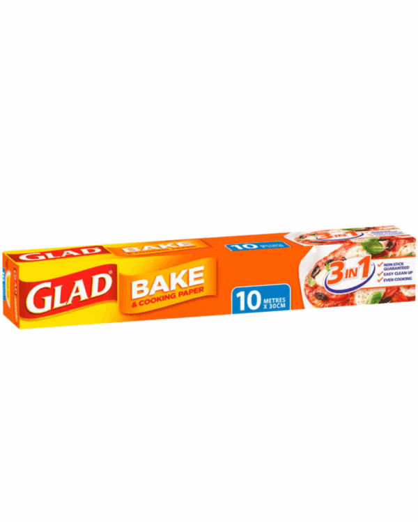 Glad Bake & Cooking Paper box, non-stick, 10m x 30cm, red/green, sandwich image.