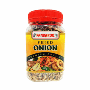 Plastic container of Pandaroo fried onions, red lid, 100g, with vegetable image on label.