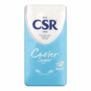 1 kg CSR Caster Sugar package, Australia's premium, blue and white design, 100% natural.