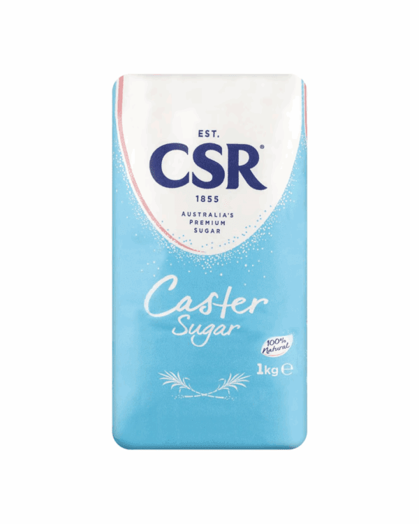 1 kg CSR Caster Sugar package, Australia's premium, blue and white design, 100% natural.