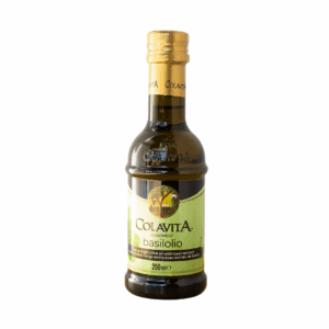 Colavita Basilolio bottle, extra virgin olive oil with basil essence, 250 ml, gold cap.