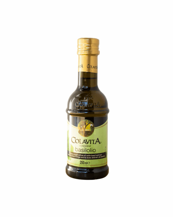 COLAVITA BASILOLIO OLIVE OIL Colavita Basilolio bottle, extra virgin olive oil with basil essence, 250 ml, gold cap.