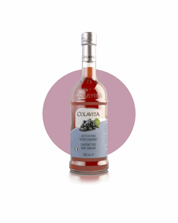 COLAVITA CABERNET RED WINE VINEGAR Colavita Cabernet Wine Vinegar bottle with red label and grape imagery.