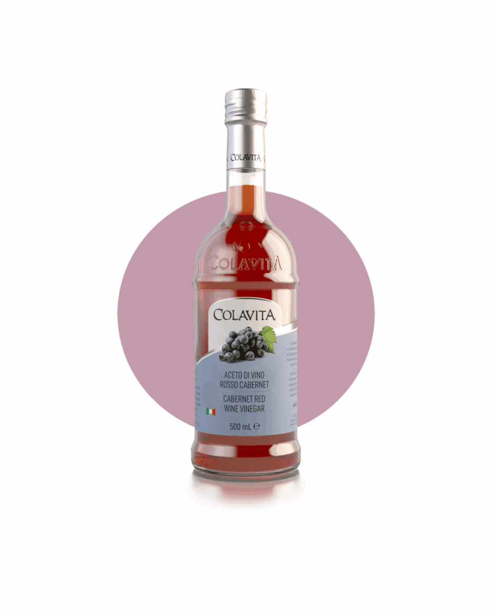 Colavita Cabernet Wine Vinegar bottle with red label and grape imagery.