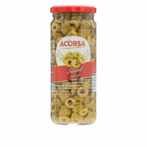 Glass jar of Acorsa sliced green olives with red label and white lid.
