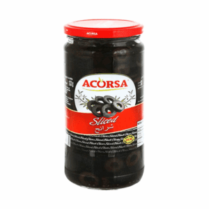 Jar of Acorsa sliced black olives with a white lid and label showing olives.
