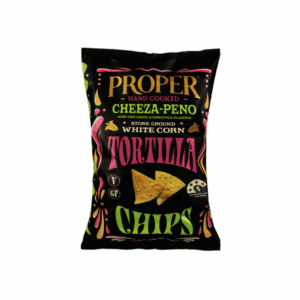 Proper tortilla chips, cheeza-peno flavor, 170g, vegan, gluten-free, compostable packaging.