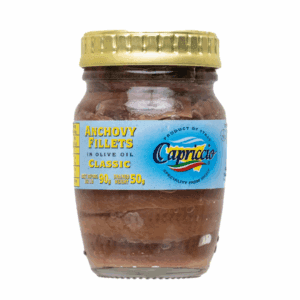 Glass jar of Italian anchovy fillets in olive oil with a yellow lid and blue label.