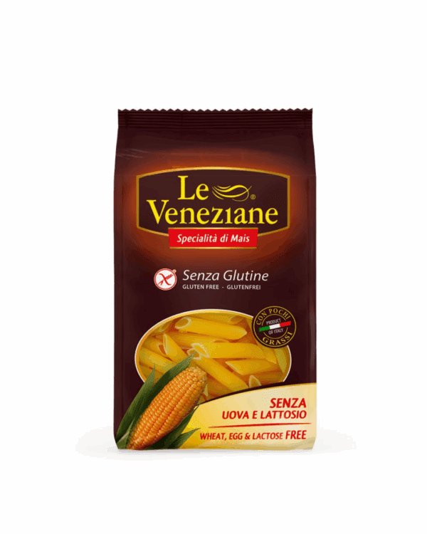 LE VENEZIANE PENNE RIGATE (WHEAT EGG AND LACTOSE FREE) Le Veneziane gluten-free pasta package, made from corn, wheat, egg, lactose-free.