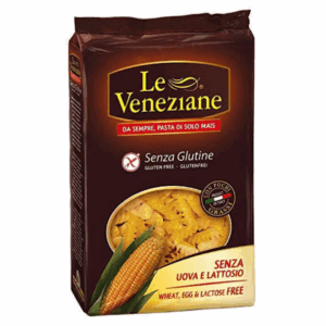 Le Veneziane gluten-free corn pasta package, free of wheat, egg, and lactose, from Italy.