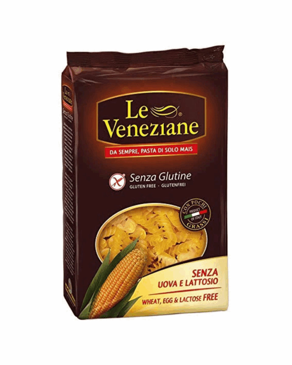 Le Veneziane gluten-free corn pasta package, free of wheat, egg, and lactose, from Italy.