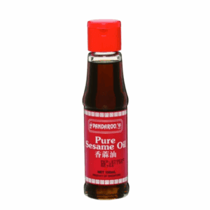 Bottle of Pandaroo Pure Sesame Oil, red label and cap, 150ml, product of Singapore.