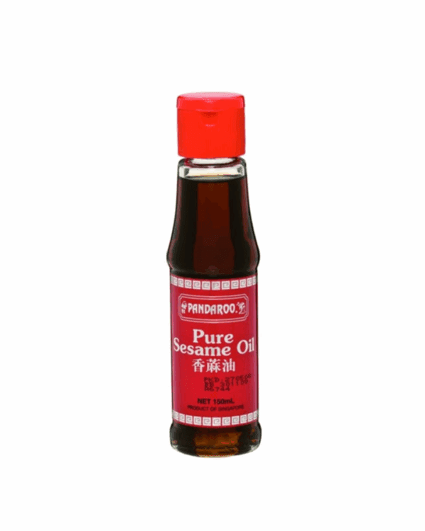 Bottle of Pandaroo Pure Sesame Oil, red label and cap, 150ml, product of Singapore.
