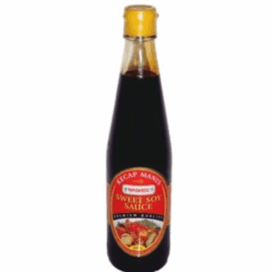 Glass bottle with yellow cap containing sweet soy sauce, red and gold label with dish imagery.