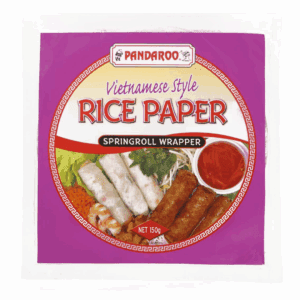 Vietnamese rice paper package, spring roll wrappers, gluten-free, 150g, with images of rolls.