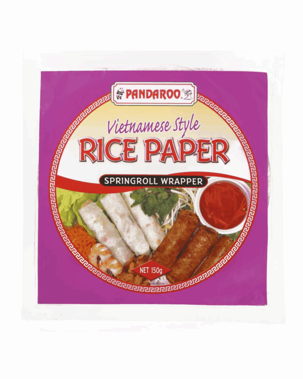 PANDAROO RICE PAPER Vietnamese rice paper package, spring roll wrappers, gluten-free, 150g, with images of rolls.