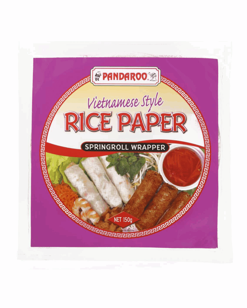 Vietnamese rice paper package, spring roll wrappers, gluten-free, 150g, with images of rolls.