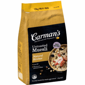 1.5 kg bag of Carman's Untoasted Muesli, Natural Bircher, 100% natural, Australian made.