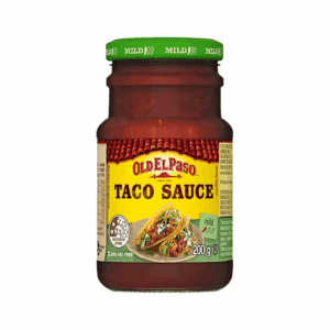 Jar of Old El Paso mild taco sauce, 200g, with a green lid and taco images on label.