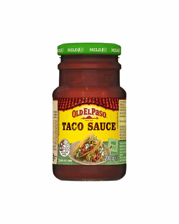 Jar of Old El Paso mild taco sauce, 200g, with a green lid and taco images on label.