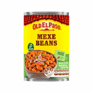 Old El Paso Mexe Beans can, mild, 98% fat-free, 425g, with beans in a green bowl.