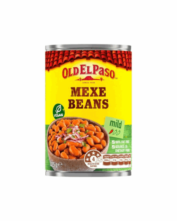 Old El Paso Mexe Beans can, mild, 98% fat-free, 425g, with beans in a green bowl.