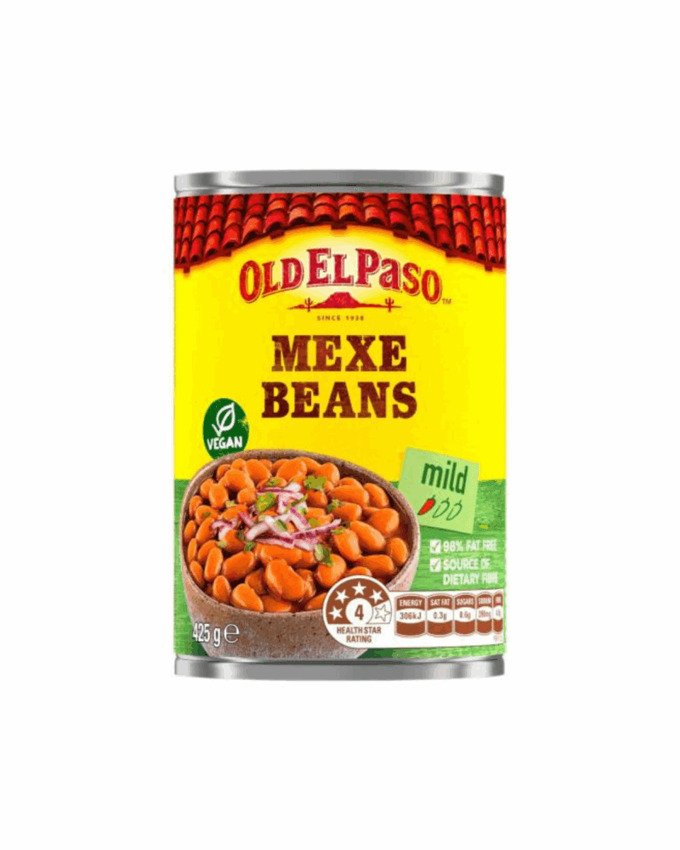 Old El Paso Mexe Beans can, mild, 98% fat-free, 425g, with beans in a green bowl.